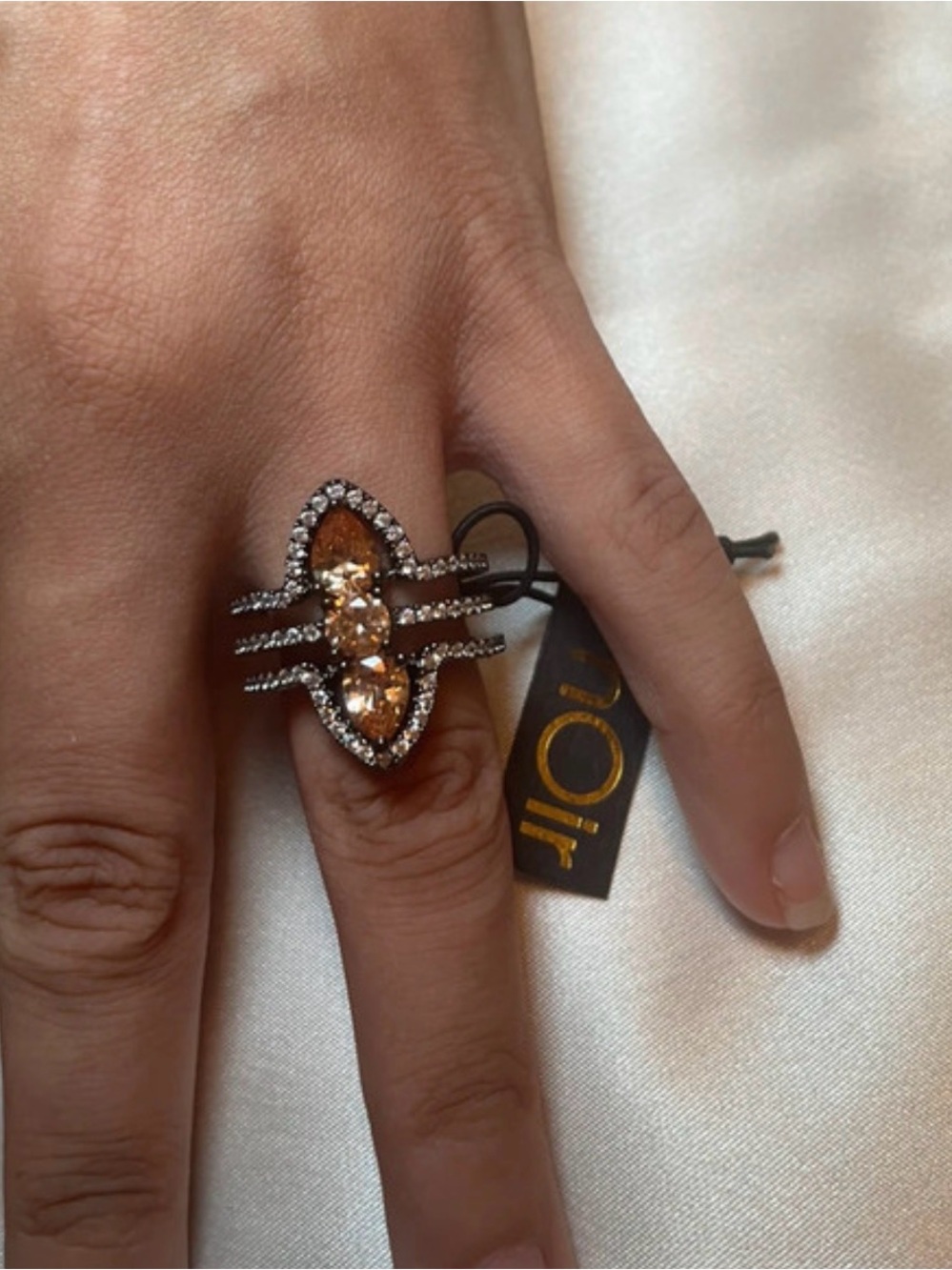 Noir Silver Tone Marquise Champagne Stone Pavé Statement Cocktail Ring Size 7